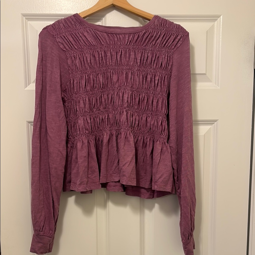 Anthropologie Mauve Smocked Peplum Long-Sleeve Top